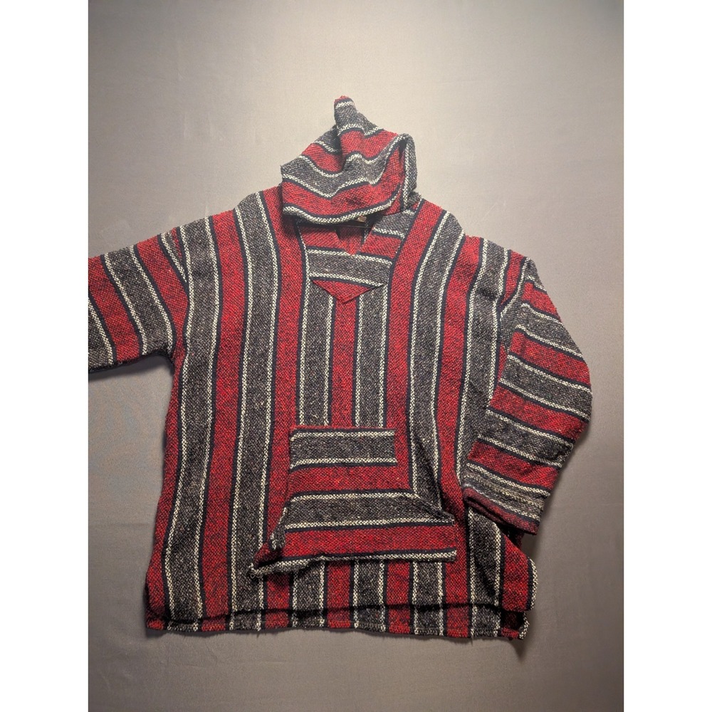 Canyon Creek Baja Poncho Hoodie Mens 2XL Red Gray Striped Mexican Pullover